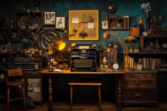 Vintage-inspired creative business desk with antique typewriters, retro cameras, and vintage artwork, embodying a sense of nostalgia and creative inspiration - Generative AI