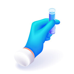 3D Isometric illustration. Cartoon hand of the doctor. Hand in a blue glove holds a test tube with a blue substance. Vector icons for website