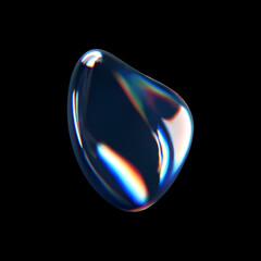 3d glass liquid abstract, fluid shape with holographic effect isolated on black background. Render of transparent glass circle liquid object, soap water bubble with reflection. 3d vector illustration