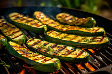 Close-up of grilled zucchini slices sizzling on the grill. Generative AI.