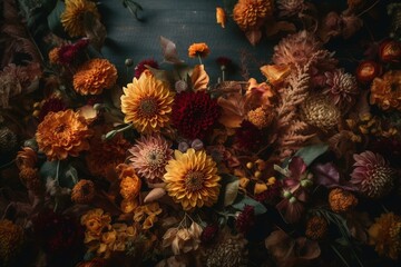 Fototapeta na wymiar Fall themed floral backdrop with foliage and blooms. Generative AI