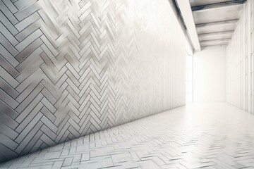 White tile wall in herringbone pattern with a futuristic vibe. 3D render. Generative AI