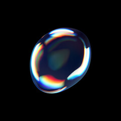 3d glass liquid abstract, fluid shape with holographic effect isolated on black background. Render of transparent glass circle liquid object, soap water bubble with reflection. 3d vector illustration