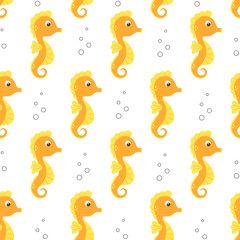 Cute yellow seahorse vector seamless pattern. Sea life childish flat cartoon background.