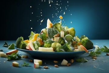 Vegan salad with cut broccoli, zucchini, and green apple on a blue background. Fresh and healthy ingredients falling down. Creative food concept. Generative AI