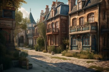 Fototapeta na wymiar Illustration of a street with four unique houses. Generative AI