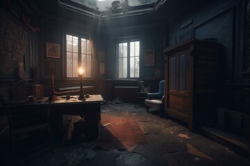 A dark, distressed 3D room with a misty ambiance. Generative AI