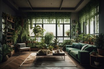 Luxury living room with a vertical garden and abundant plants. Generative AI