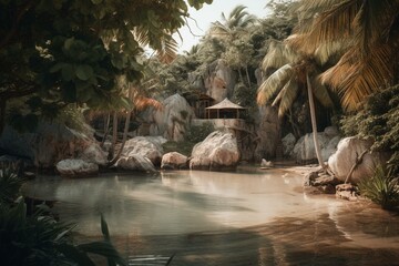 A serene tropical oasis on a sandy shore. Generative AI