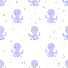 Cute purple octopus vector seamless pattern. Sea life childish flat cartoon background.