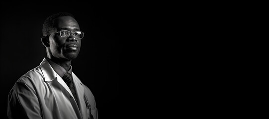 Obraz premium Black and white photorealistic studio portrait of a male medical doctor on black background. Generative AI illustration
