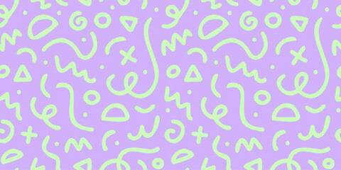 Fun squiggle line doodle seamless pattern. Creative abstract style drawing background for children or trendy design with basic shapes. Simple childish scribble wallpaper print. - obrazy, fototapety, plakaty