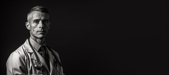 Fototapeta premium Black and white photorealistic studio portrait of a male medical doctor on black background. Generative AI illustration