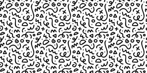Fun black line doodle seamless pattern. Creative minimalist style art background for children or trendy design with basic shapes. Simple childish scribble backdrop.