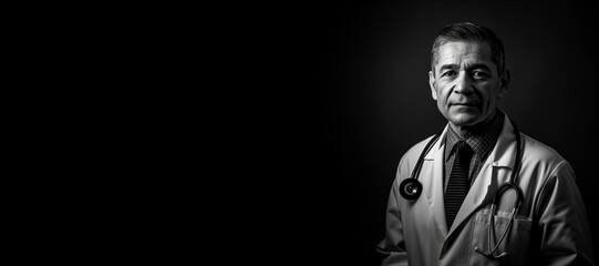 Fototapeta premium Black and white photorealistic studio portrait of a male medical doctor on black background. Generative AI illustration