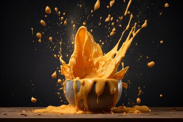 Spicy cheese sauce exploding, scattering. Generative AI