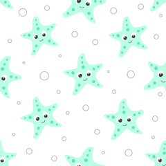 Fototapeta na wymiar Cute light green starfish vector seamless pattern. Sea life childish flat cartoon background.