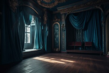 Theater with blue curtains. Generative AI