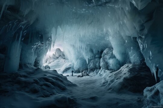 Spacious ice cavern with icy stalactites and snow-clad boulders, digitally produced. Generative AI