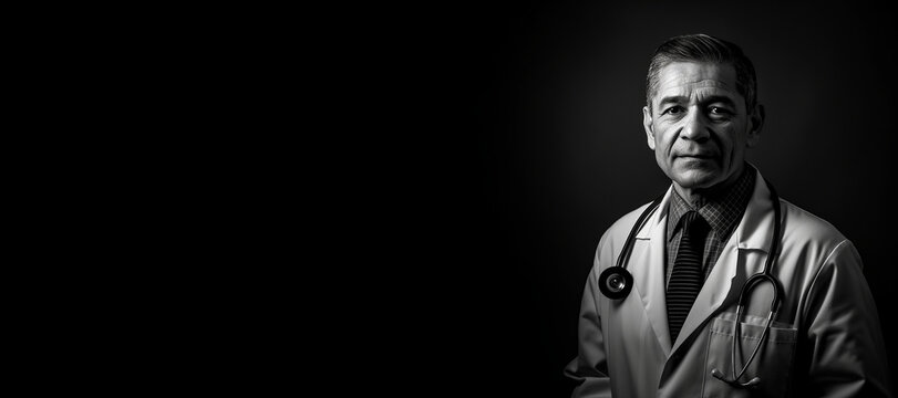 Black And White Photorealistic Studio Portrait Of A Male Medical Doctor On Black Background. Generative AI Illustration