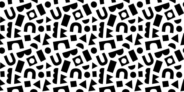 Fun black and white doodle seamless pattern. Creative minimalist style art background for children or trendy design with geometric shapes. Simple childish backdrop.