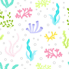 Fototapeta na wymiar Colorful seaweed vector seamless pattern. Sea life childish flat cartoon background.