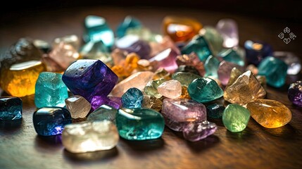 Macro shot of shiny, sparkling colorful semi-precious natural crystals and minerals. Blurred background. Generative ai