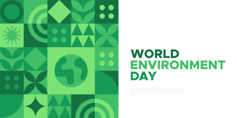 World Environment Day web template illustration with modern eco geometric nature mosaic. Green abstract geometry shape symbol background for online earth holiday or internet landing page.