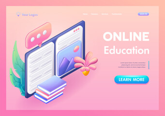 3D Isometric, cartoon. Concept of online education. Book pages learning resources, study course. Concept of business analysis. Trending Landing Page