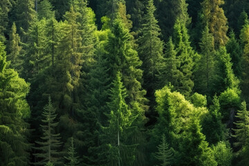 Obraz premium Healthy green trees in a forest of old spruce, fir and pine trees in wilderness of a national park, generative ai 