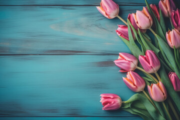 Obraz na płótnie Canvas Pink tulips on a blue wooden background. Moher's day, women's day, anniversary easter background with copy space. High quality photo Generative AI