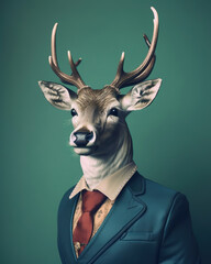Horned sir deer wearing formal suit on colored background, generative ai 