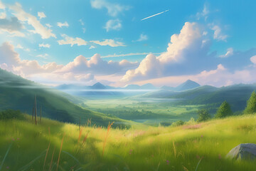 painting of meadows and hills in the mid morning, shimmering cloudy sky, generative ai 