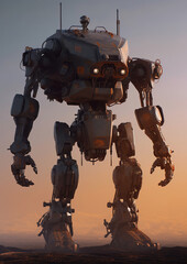 robot that is standing in the dirt, painterly humanoid mecha, generative ai 