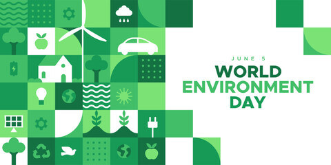 World Environment Day web template illustration with modern eco geometric nature mosaic. Green abstract geometry shape symbol background for online earth holiday or internet landing page.