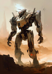 robot that is standing in the dirt, painterly humanoid mecha, generative ai 