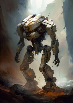 robot that is standing in the dirt, painterly humanoid mecha, generative ai 