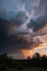 Fototapeta premium Stormy sky with dramatic clouds from an approaching thunderstorm at sunset, generative ai 