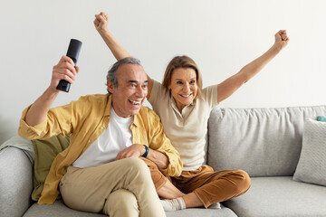 Domestic leisure. Excited senior spouses watching sports on TV at home, cheering favorite team,...