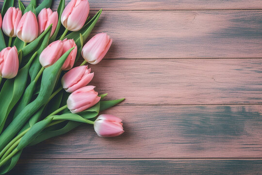 Pink tulips on a wooden background. Moher's day, women's day, anniversary easter background with copy space. High quality photo Generative AI