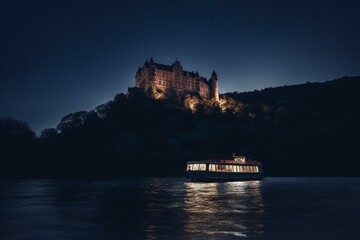 A boat approaching a grand castle under a moonlit sky. Generative AI