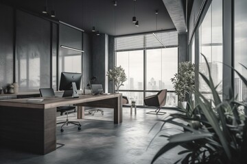 Office interior in shades of grey with areas for relaxation and work, a shelf, and a wide window with a view. Generative AI