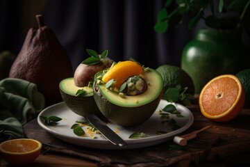 A dish with avocado, avocado, and oranges. Generative AI