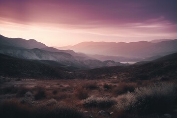 A purple dusk over a landscape of mountains. Generative AI