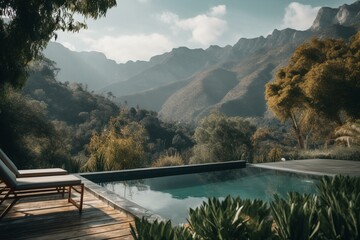 A gorgeous pool with a breathtaking mountain view, styled with modern outdoor seating and vibrant foliage. Generative AI