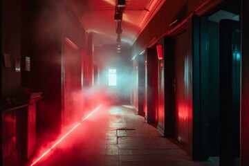 Intense atmosphere with neon lights and smoky surroundings. Corridor leading to the street with searchlight and red laser beam. Generative AI