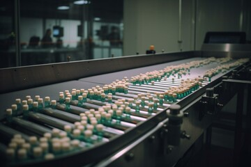 Conveyor for filling prescription meds in medical factory. Industry. Generative AI