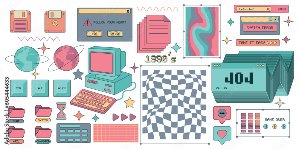 Aufkleber collection of y2k shapes and elements. retro stickers with brutalist geometric shapes in graphic des