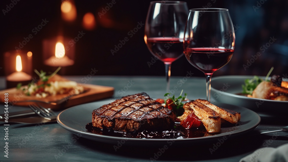 Wall mural delicious beef meat steak in a restaurant with a glass of wine for dinner..generative ai