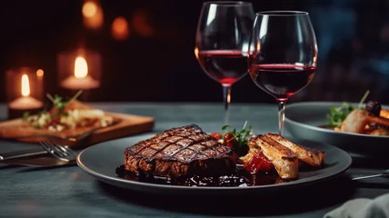 Tuinposter delicious beef meat steak in a restaurant with a glass of wine for dinner..Generative AI © Sheviakova